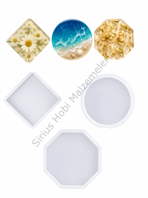 10 cm Epoksi Bardak Altlığı Kalıbı | Kare Daire Sekizgen Silikon Kalıp | 1 Adet