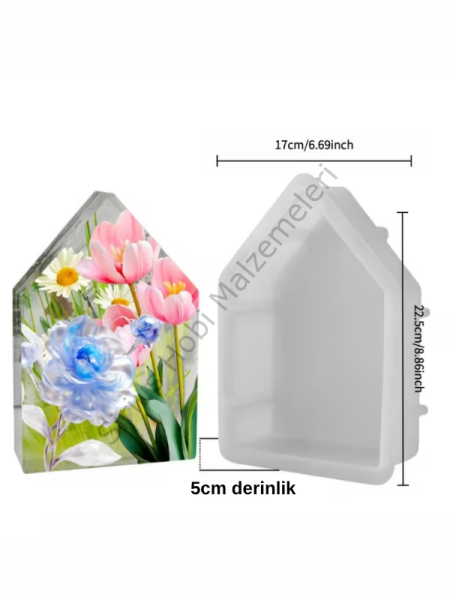 Ev Şeklinde Epoksi ve Çiçek Saklama Silikon Kalıbı | 5 cm Derinlikli Dekoratif Döküm Kalıbı