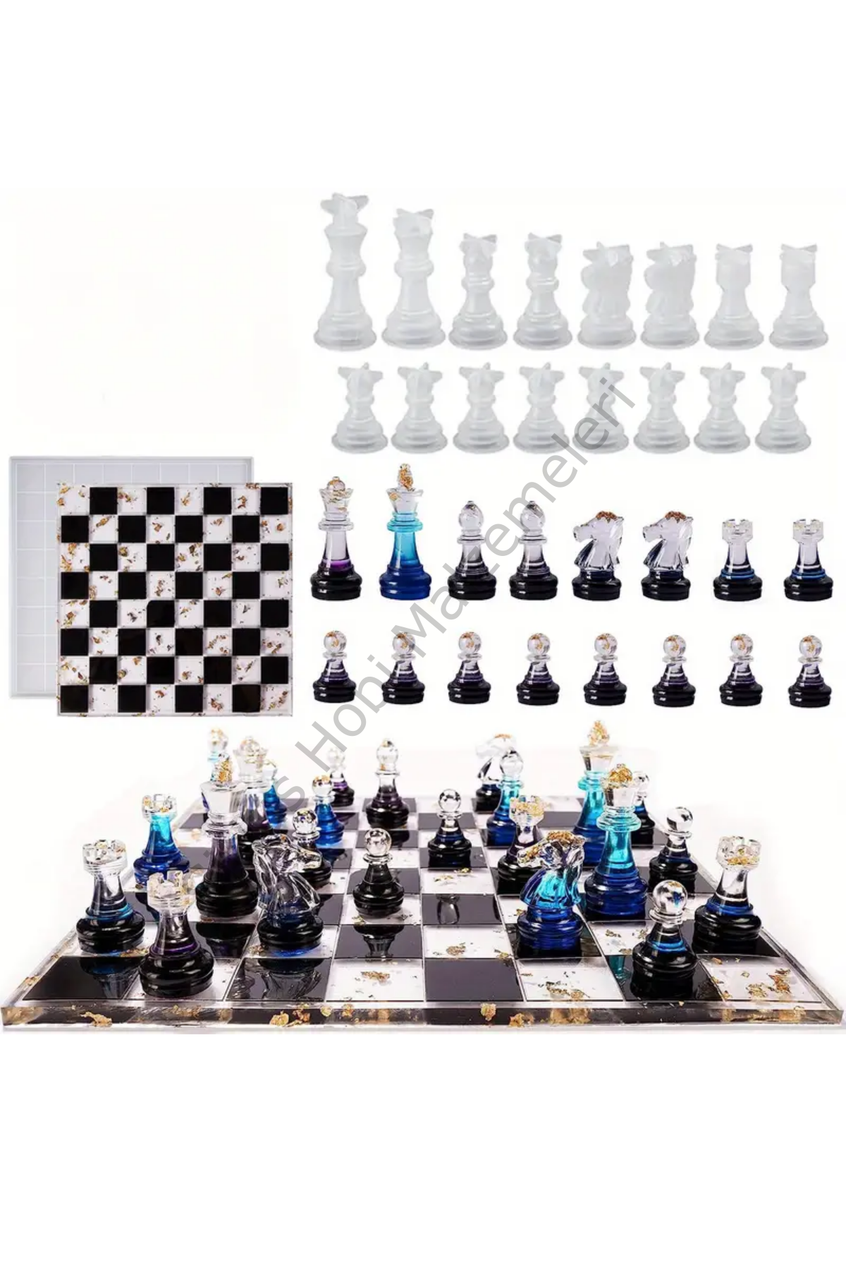 Epoksi Reçine Satranç Taşları ve Tahtası Silikon Kalıbı Seti 17 Parça