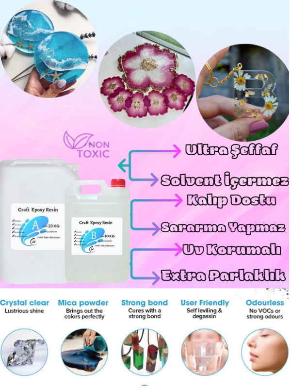Craft Resin İnce Döküm Epoksi Reçine – Takı, Kalıp ve Hobi Uygulamaları İçin Şeffaf Reçine 30 kg