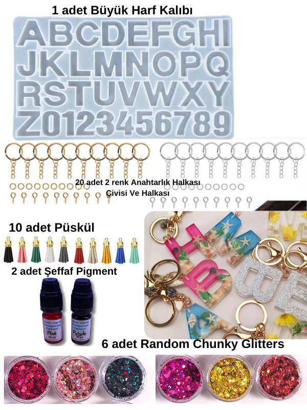 Epoksi Anahtarlık Harf Kalıbı Başlangıc Seti Düz Harf Kalıbı 500 gr epoksi ile