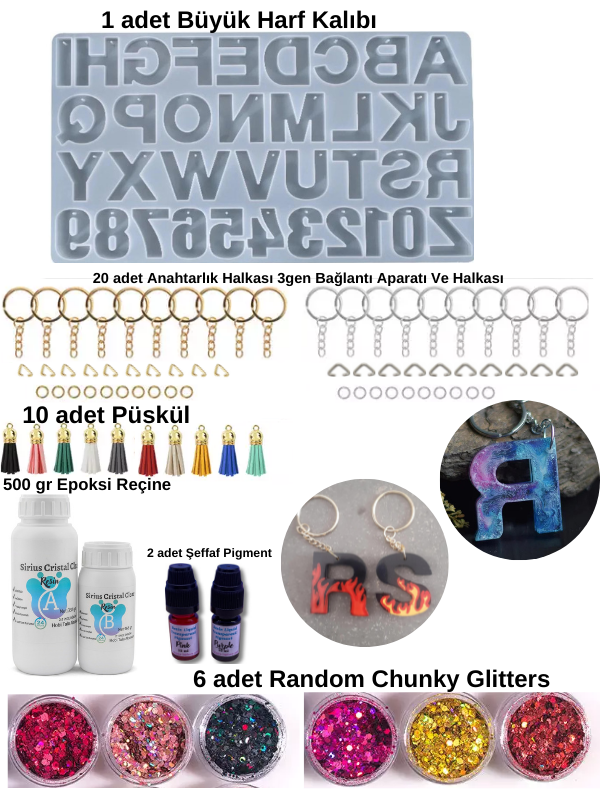 Epoksi Anahtarlık Harf Kalıbı Başlangıc Seti Ters Delikli Harf Kalıbı 500 gr epoksi ile