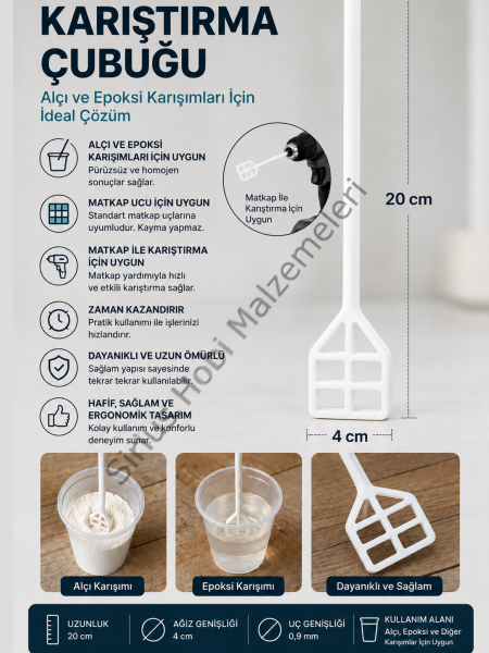 Alçı ve Epoksi Karıştırma Aparatı | Şarjlı Matkap Uyumlu Plastik Mikser 20 cm