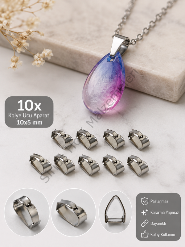 10 Adet Rodyum Kolye Ucu Aparatı 10x5 mm