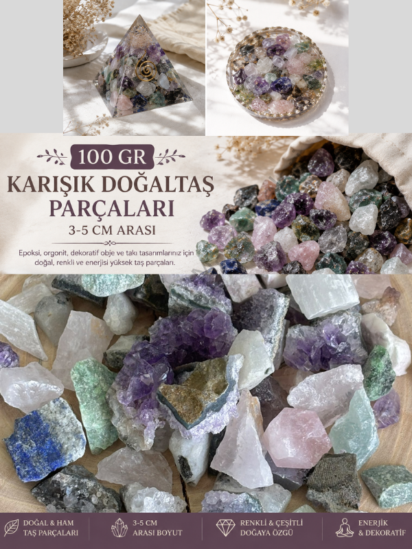 100 Gr Karışık Doğal Taş Parçaları 3-5 cm | Epoksi, Orgonit & Hobi Tasarım Taşları