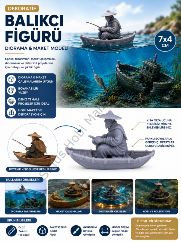 Dekoratif Balıkçı Kayığı Figürü 7x4 cm – Epoksi Diorama ve Maket Tasarımları İçin