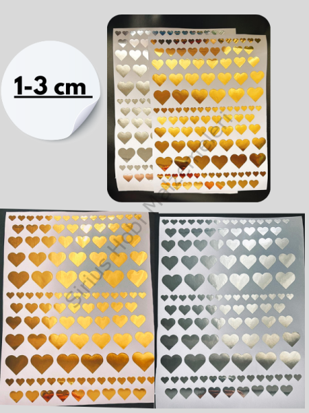 Epoksi Reçine Paketleme Gold -Silver Varak Kalp Folyo Sticker 1-3 cm arası A4 Boyutundadır