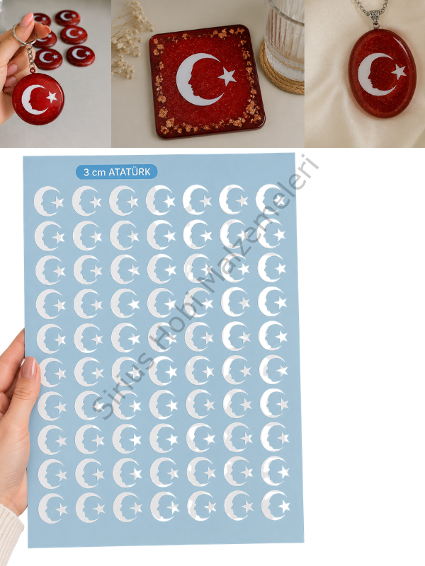 Atatürk  Ay Yıldız Folyo Sticker 3 cm – Epoksi Reçine Süsleme Folyosu 63 Adet A4