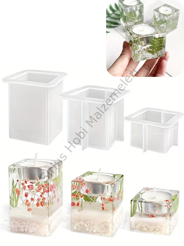 Kare Mumluk Silikon Kalıbı – Epoksi  Alçı Tealight Mumluk Kalıbı 3 Boy