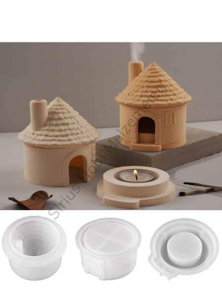 Dekoratif Ev Mumluk Silikon Kalıbı – Alçı Bacalı Ev Tealight Mumluk Kalıbı