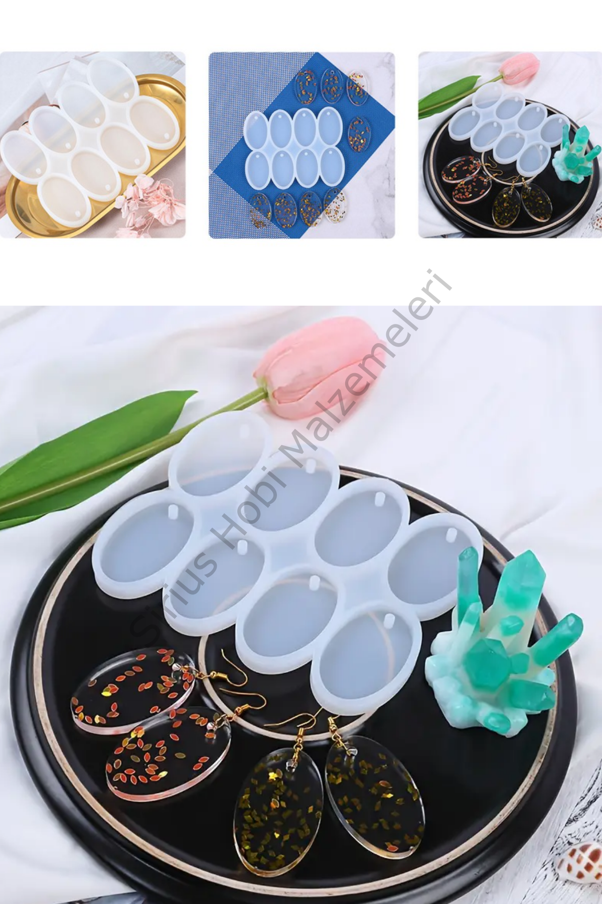 Epoksi 5x3cm Çoklu Oval Kolye Anahtarlık Magnet Silikon Kalıbı