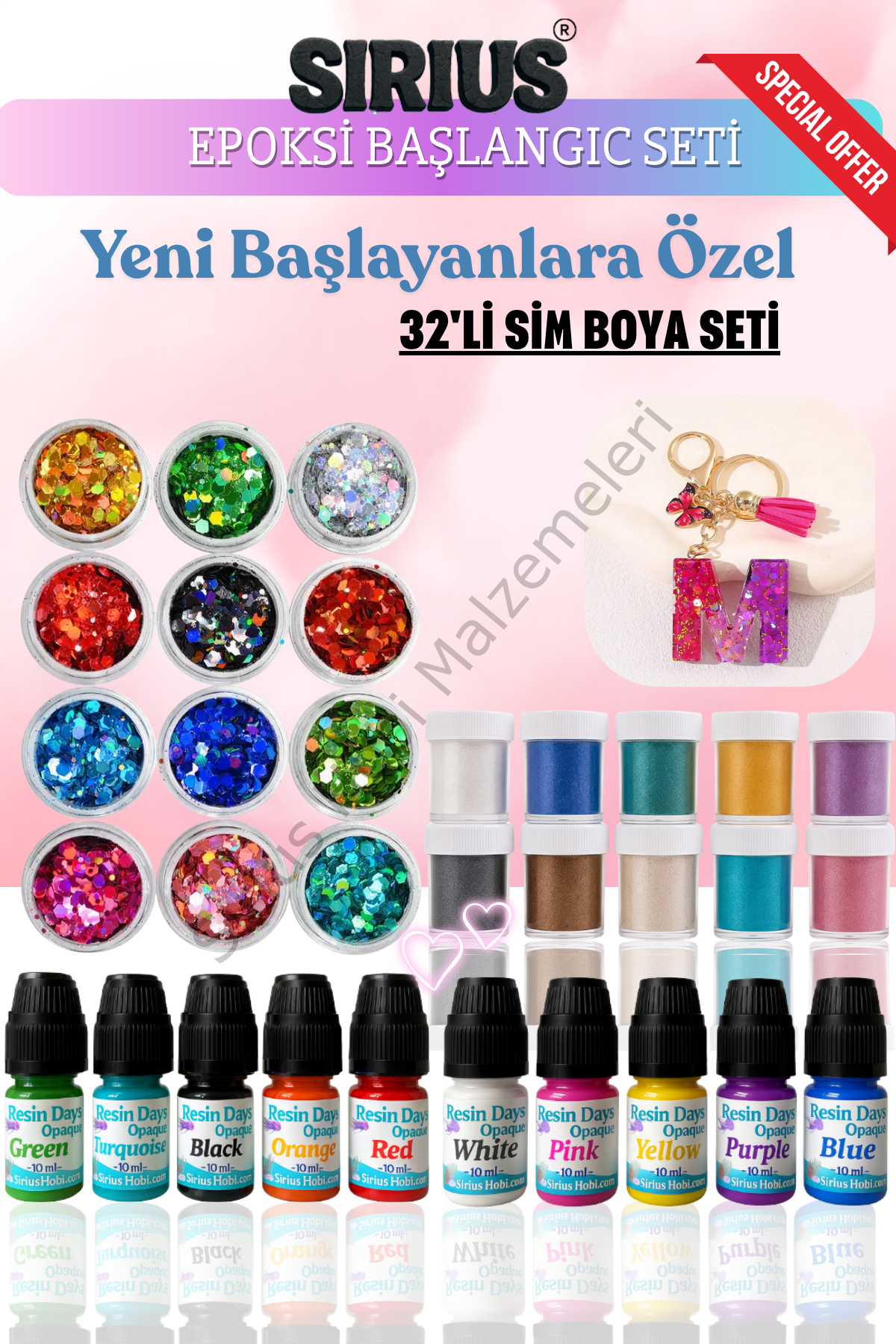 Epoksi Reçine Başlangıç Seti – 32 Parça Renkli Pigment + Mica Toz + Parıltılı Sim Seti | UV ve Epoksi Uyumlu