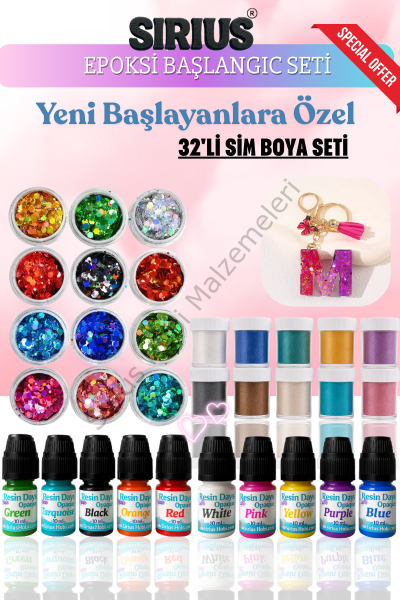 Epoksi Reçine Başlangıç Seti – 32 Parça Renkli Pigment + Mica Toz + Parıltılı Sim Seti | UV ve Epoksi Uyumlu