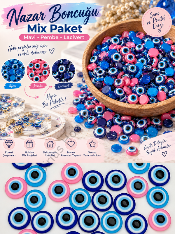 Yarım Nazar Boncuğu Mix 10 Gr – 8 mm ve 10 mm Epoksi Süsleme Boncuğu