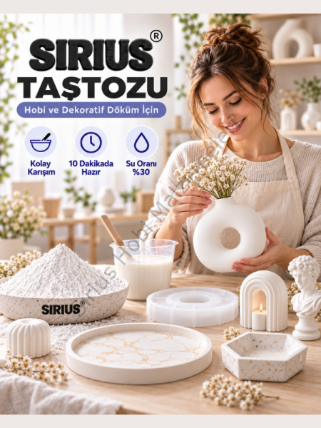 Sirius Taştozu 1 KG – Ultra Beyaz Hızlı Donan Dekoratif Alçı ve Epoksi Uyumlu Döküm Tozu