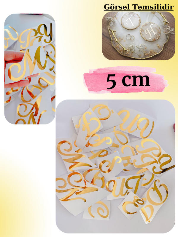 Epoksi Reçine 5 cm Varak Folyo Gold -Silver Sticker Kesim Harf Seti
