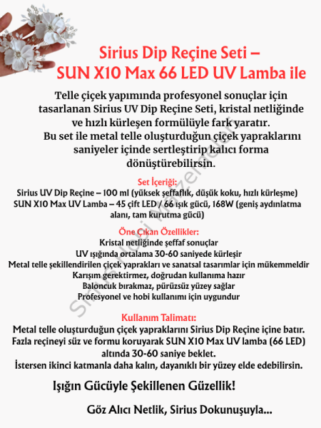 Sirius Dip Reçine 100 ml + 168W UV Lamba Seti – Tel Çiçek ve Şeffaf Kaplama İçin