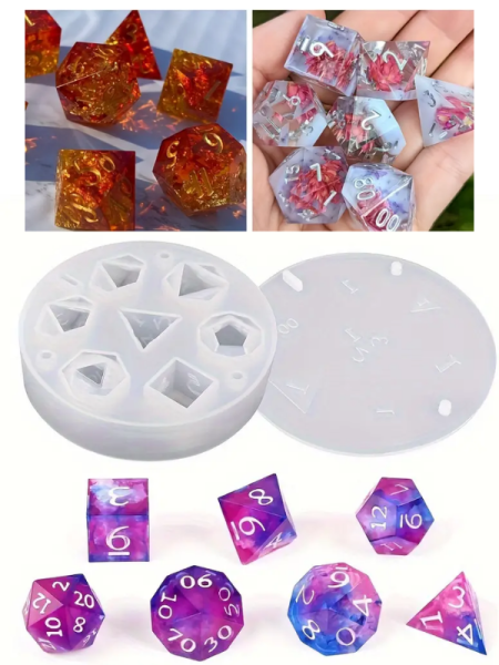 DND Epoksi Zar Silikon Kalıbı 7'li – D20 D12 D10 D8 D6 D4 RPG Zar Kalıbı