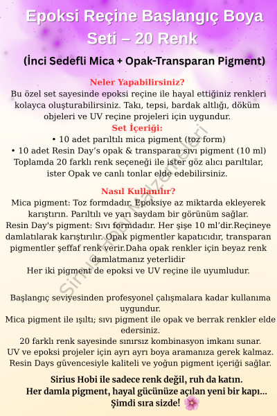 Epoksi Reçine Başlangıç Boya Seti – 20 Renk (İnci Sedefli Mica + Opak-Transparan Pigment)
