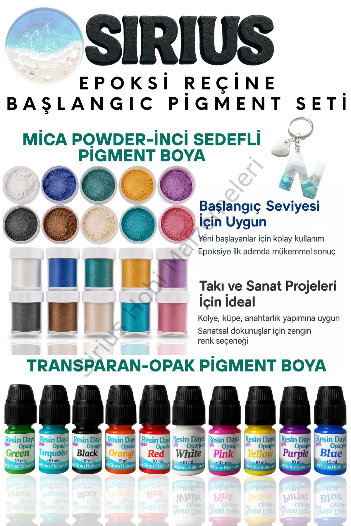 Epoksi Reçine Başlangıç Boya Seti – 20 Renk (İnci Sedefli Mica + Opak-Transparan Pigment)