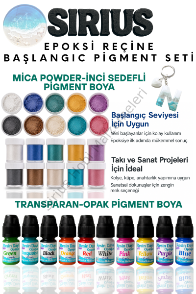 Epoksi Reçine Başlangıç Boya Seti – 20 Renk (İnci Sedefli Mica + Opak-Transparan Pigment)