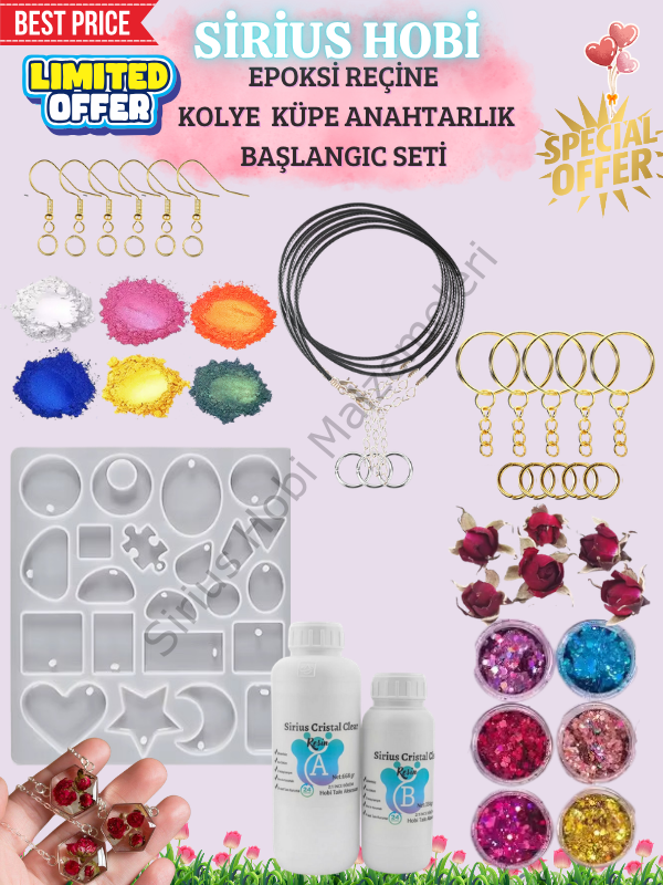 Epoksi Reçine Kolye, Küpe ve Anahtarlık Başlangıç Seti | Takı Yapım Hobi Kiti | Silikon Kalıp, Pigment, Sim ve Epoksi Dahil