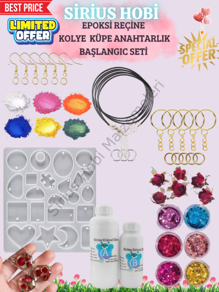 Epoksi Reçine Kolye, Küpe ve Anahtarlık Başlangıç Seti | Takı Yapım Hobi Kiti | Silikon Kalıp, Pigment, Sim ve Epoksi Dahil