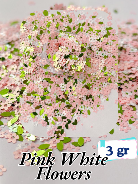 Epoksi- Mum-Makyaj-Tırnak-Sabun Simi Pulu  Pink  White Flowers 3 gr