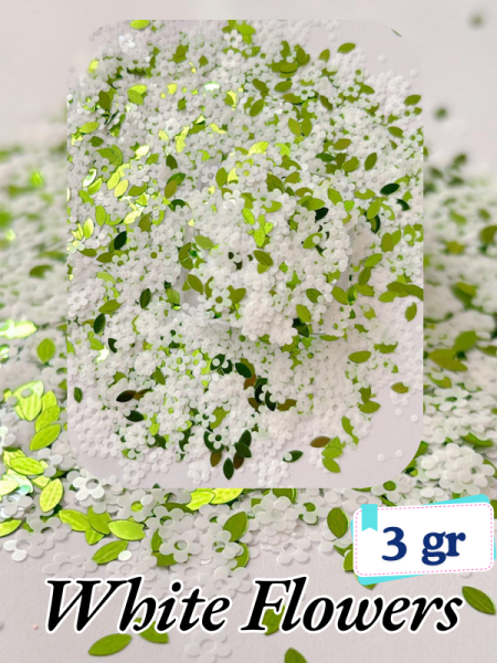 Epoksi- Mum-Makyaj-Tırnak-Sabun Simi Pulu White Flowers 3 gr