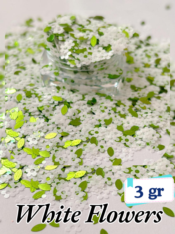 Epoksi- Mum-Makyaj-Tırnak-Sabun Simi Pulu White Flowers 3 gr