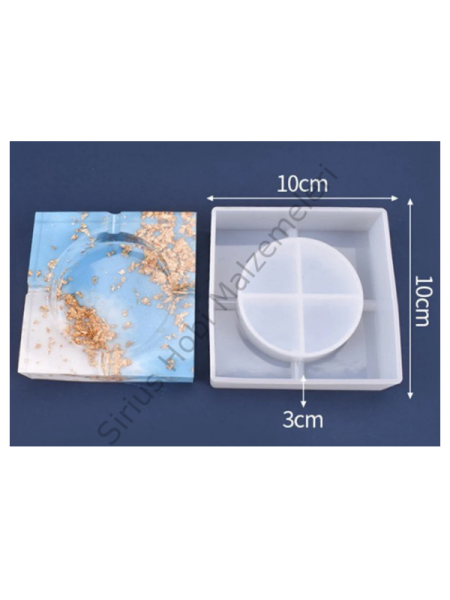 Epoksi & Alçı Kül Tablası Silikon Kalıbı – Kare Çerçeveli Yuvarlak İç Hazneli