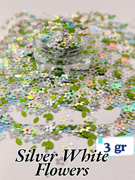 Epoksi- Mum-Makyaj-Tırnak-Sabun Simi Pulu Silver White Flowers 3 gr